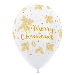 Gold On Fashion White Merry Christmas Latex Balloons 30cm 50 Pk