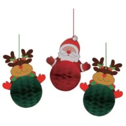 Christmas Santa & Reindeers Honeycomb Hanging Decorations 3 Pk
