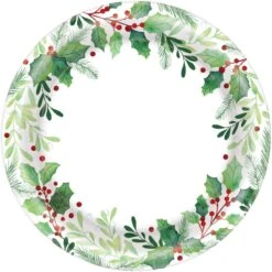Christmas Traditional Holly Round Lunch Plates 17cm 40 Pk